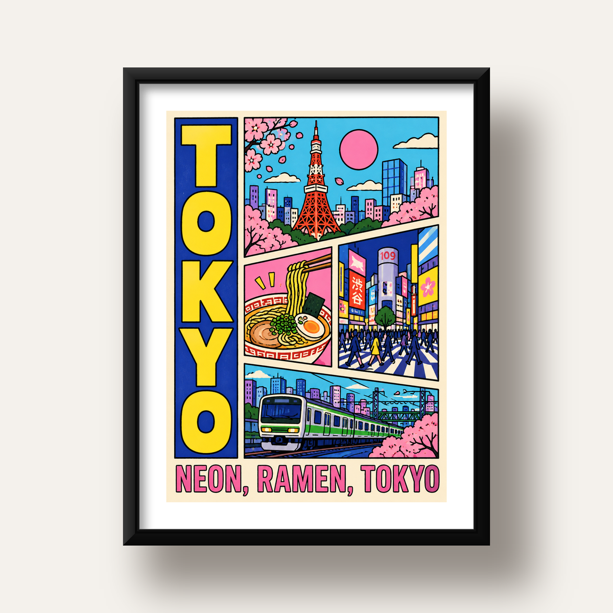 Renkli Tokyo Şehir Manzarası Çizgi Roman Poster — siyah derin çerçeveli paspartulu