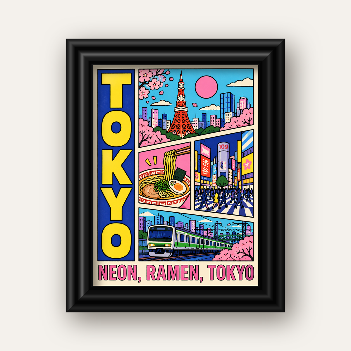 Renkli Tokyo Şehir Manzarası Çizgi Roman Poster — siyah galeri çerçeveli