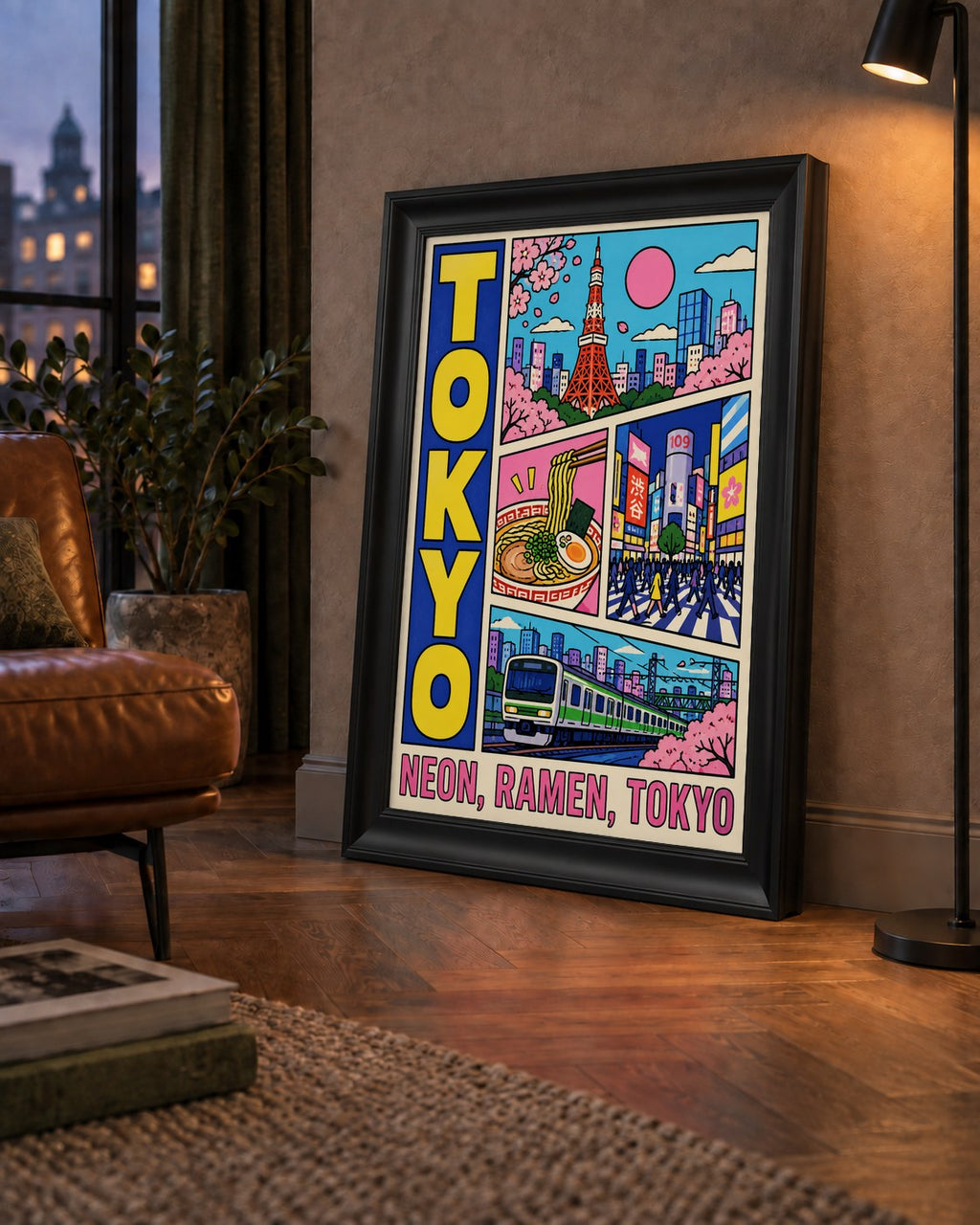 Renkli Tokyo Şehir Manzarası Çizgi Roman Poster — çerçeveli hâliyle bir ev duvarında