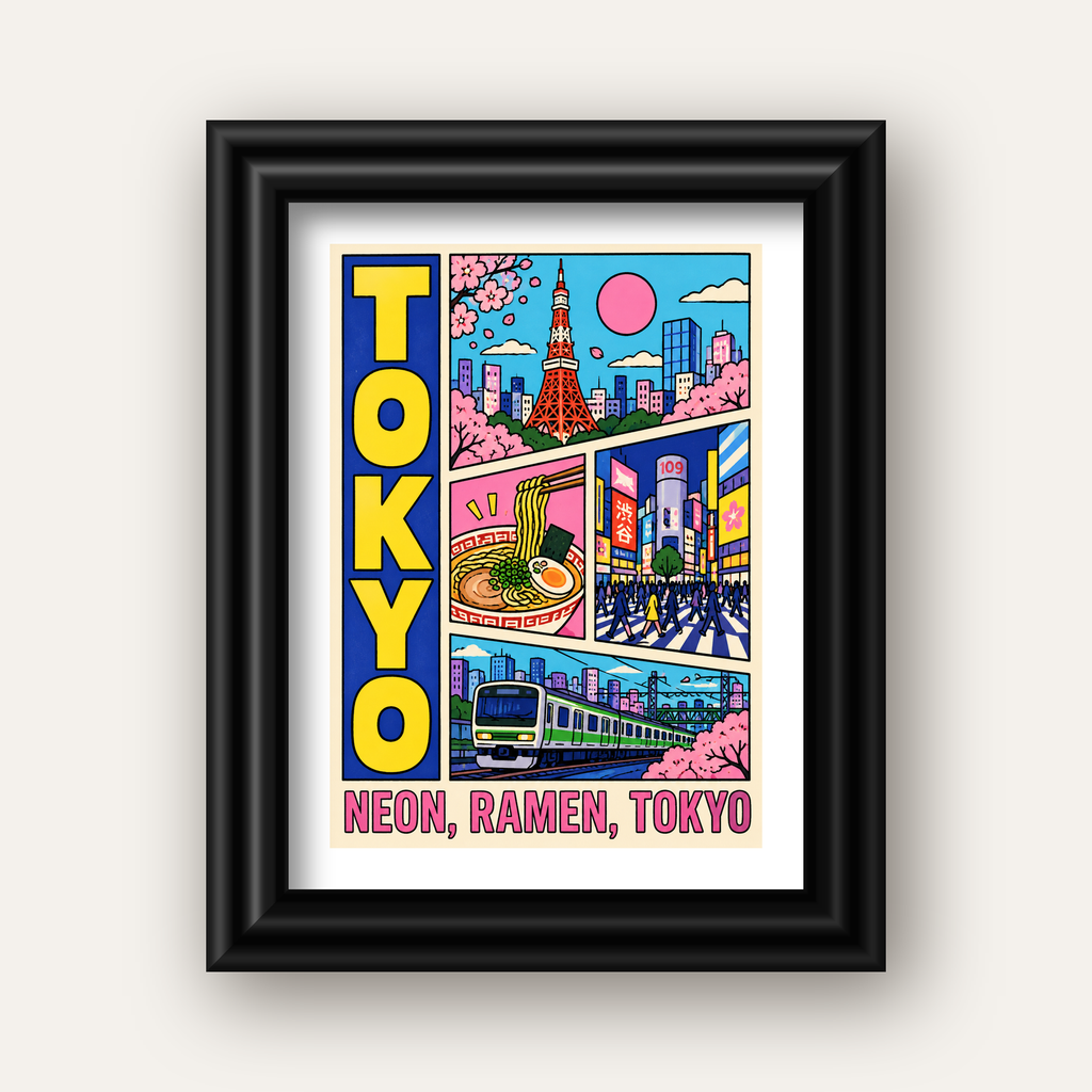 Renkli Tokyo Şehir Manzarası Çizgi Roman Poster — siyah galeri çerçeveli paspartulu