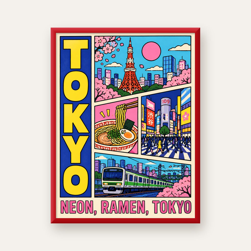 Renkli Tokyo Şehir Manzarası Çizgi Roman Poster — kırmızı çerçeveli