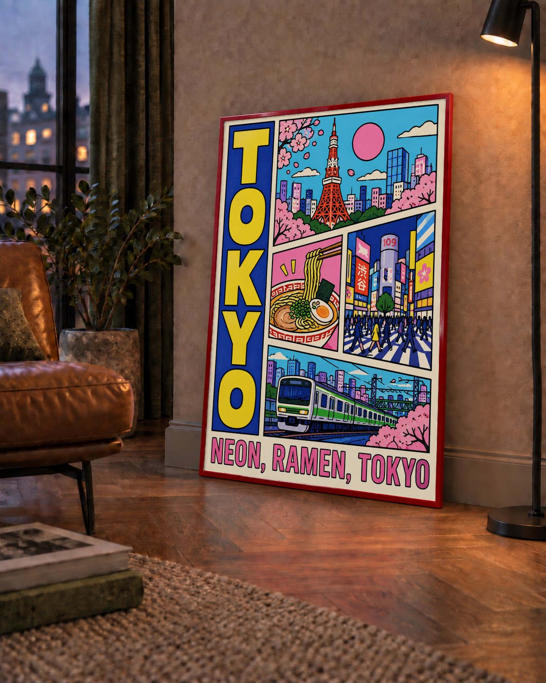 Renkli Tokyo Şehir Manzarası Çizgi Roman Poster — çerçeveli hâliyle bir ev duvarında