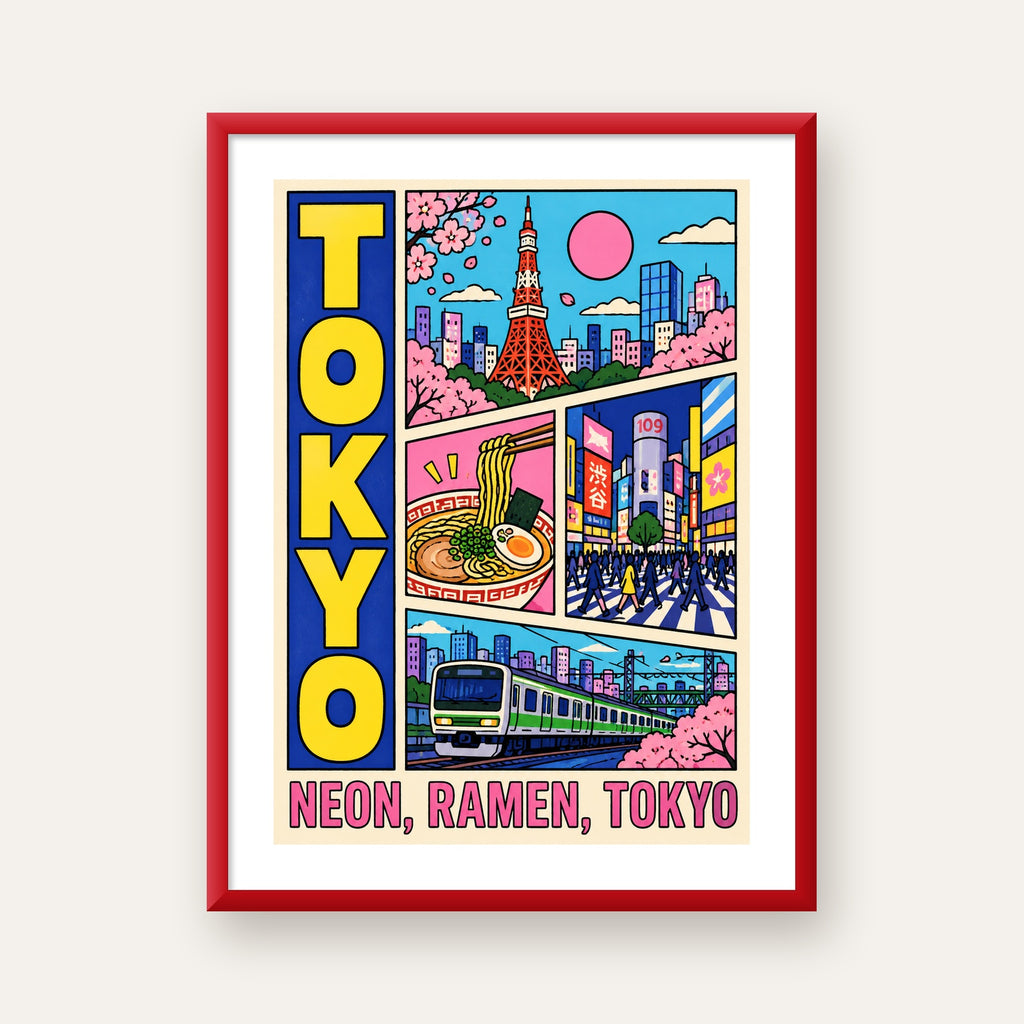 Renkli Tokyo Şehir Manzarası Çizgi Roman Poster — kırmızı çerçeveli paspartulu