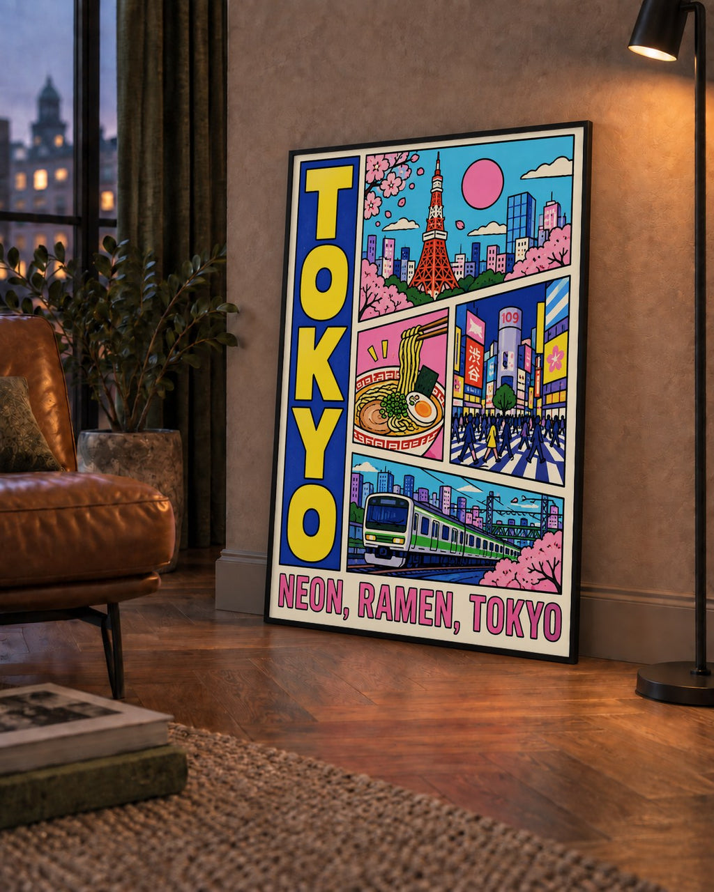 Renkli Tokyo Şehir Manzarası Çizgi Roman Poster — çerçeveli hâliyle bir ev duvarında