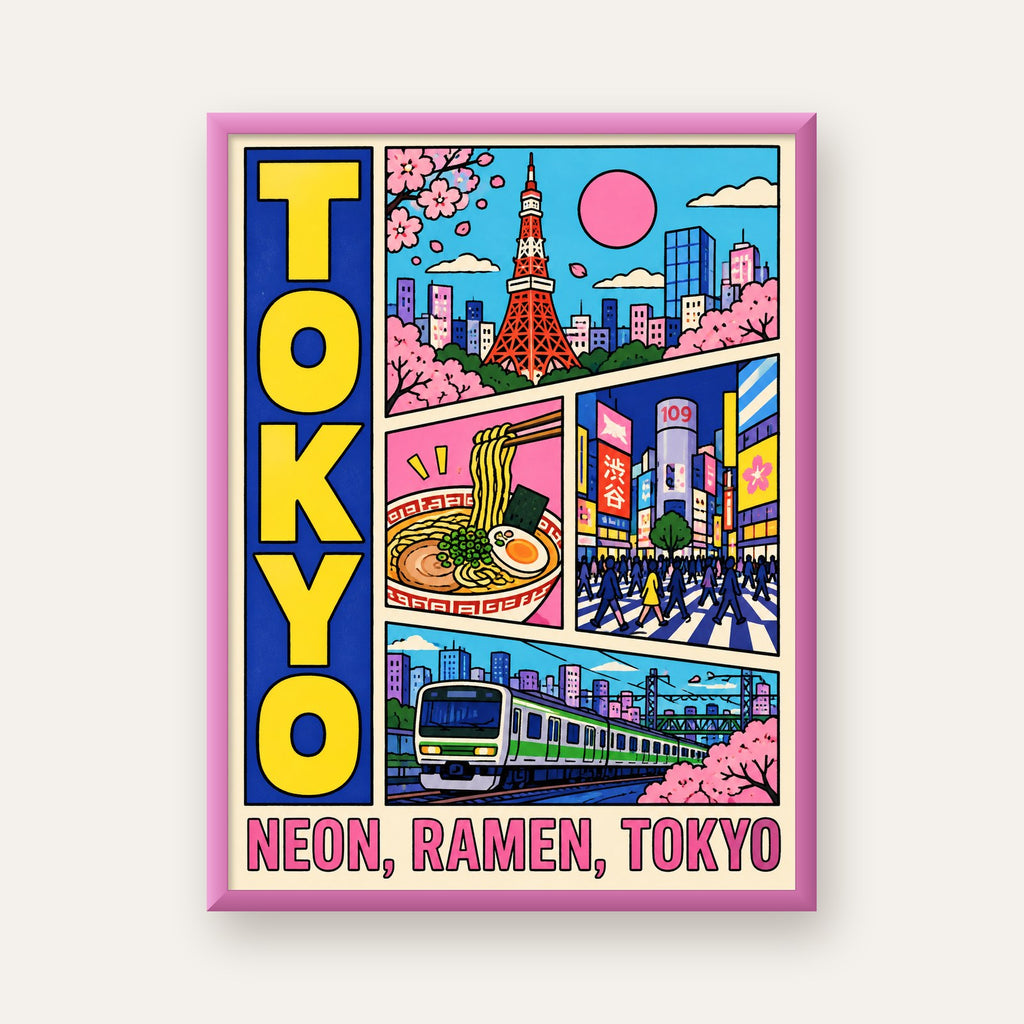 Renkli Tokyo Şehir Manzarası Çizgi Roman Poster — pembe çerçeveli