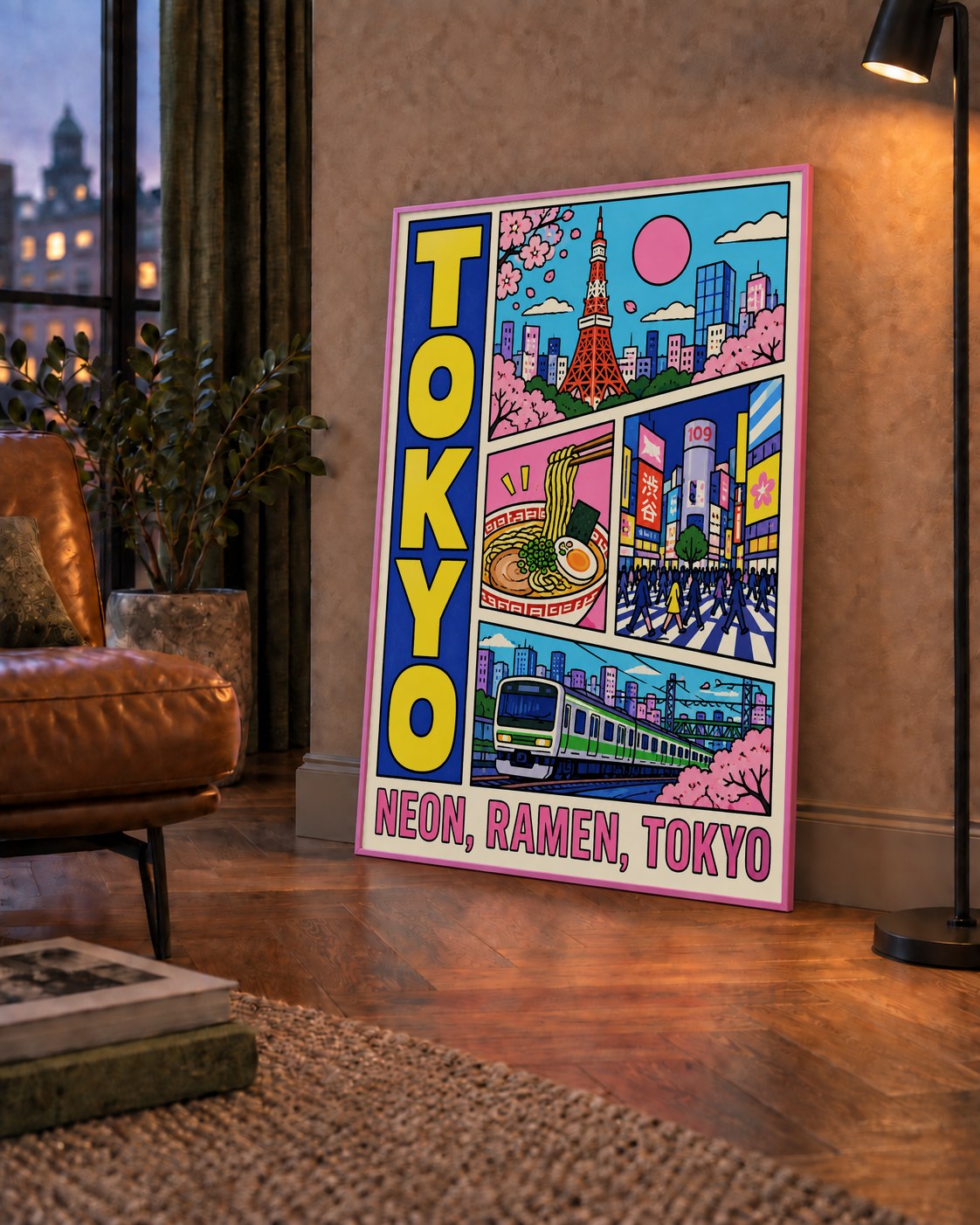 Renkli Tokyo Şehir Manzarası Çizgi Roman Poster — çerçeveli hâliyle bir ev duvarında