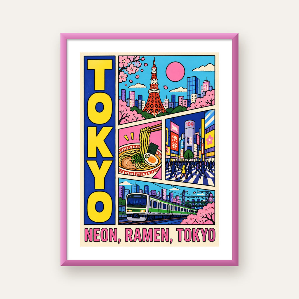Renkli Tokyo Şehir Manzarası Çizgi Roman Poster — pembe çerçeveli paspartulu