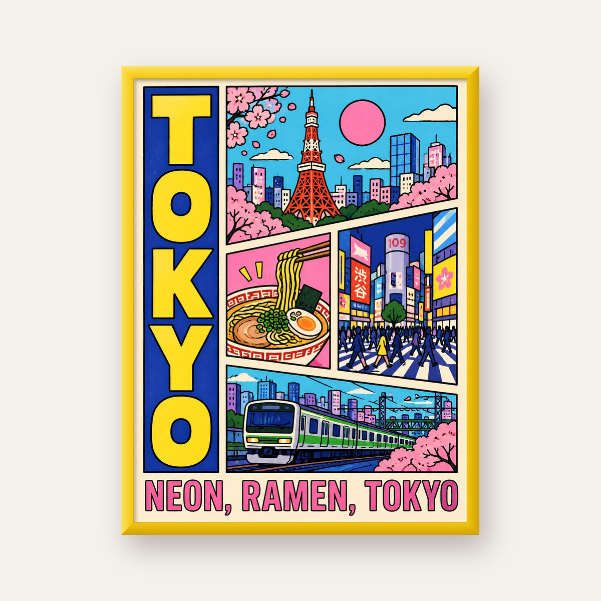 Renkli Tokyo Şehir Manzarası Çizgi Roman Poster — sarı çerçeveli
