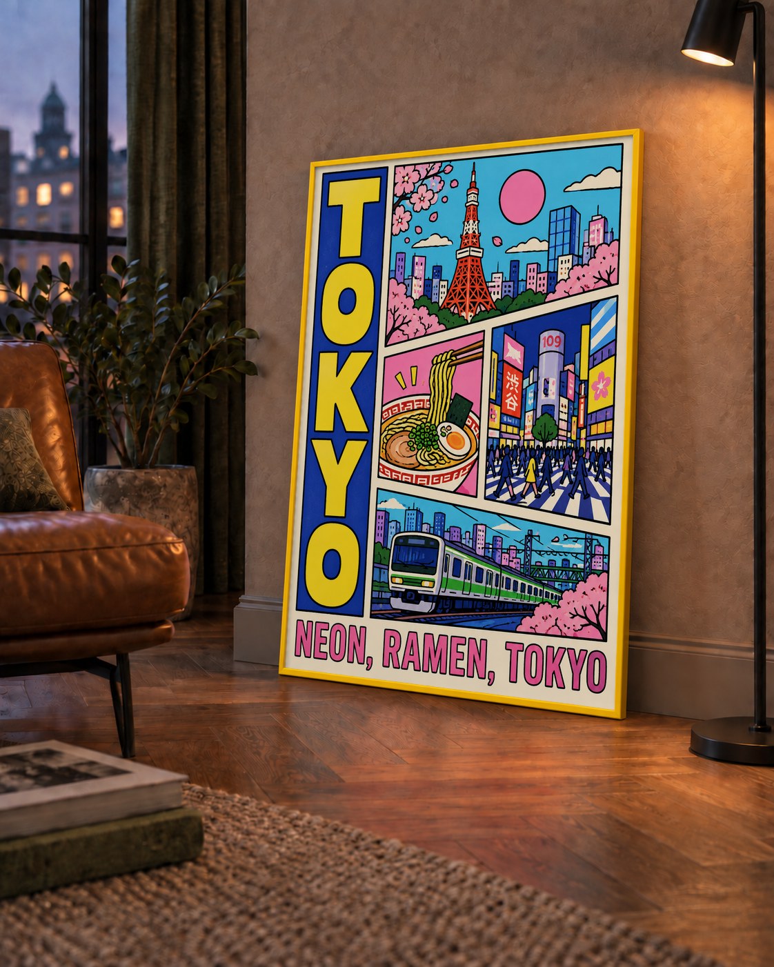 Renkli Tokyo Şehir Manzarası Çizgi Roman Poster — çerçeveli hâliyle bir ev duvarında