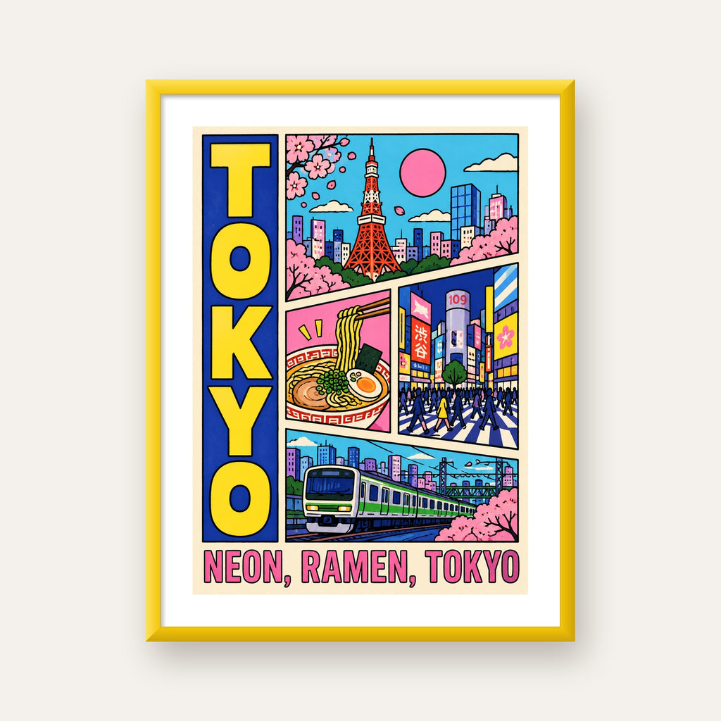 Renkli Tokyo Şehir Manzarası Çizgi Roman Poster — sarı çerçeveli paspartulu