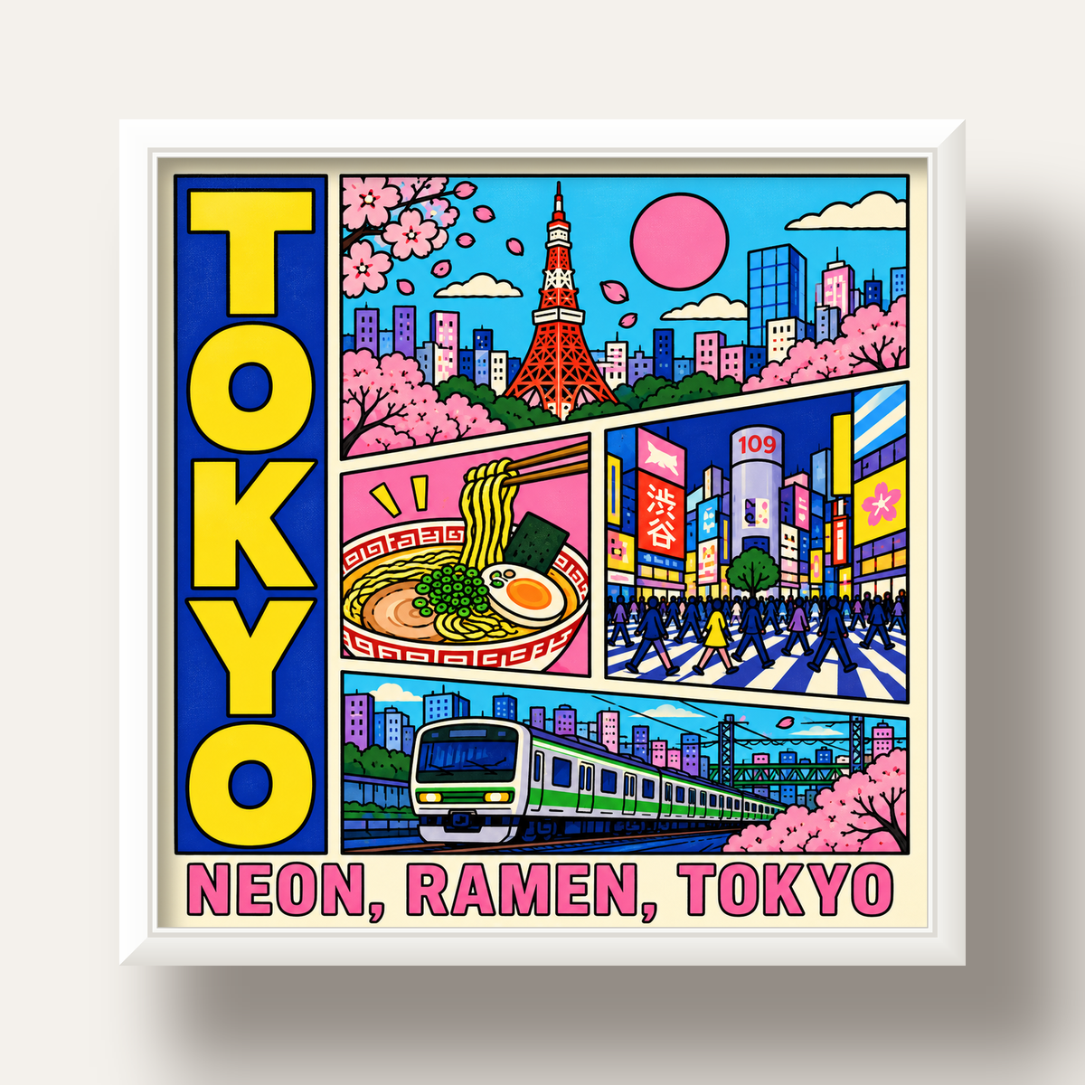 Renkli Tokyo Şehir Manzarası Çizgi Roman Poster — beyaz derin çerçeveli
