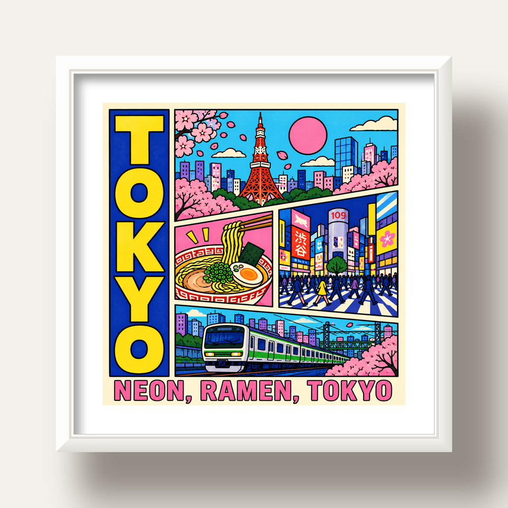 Renkli Tokyo Şehir Manzarası Çizgi Roman Poster — beyaz derin çerçeveli paspartulu