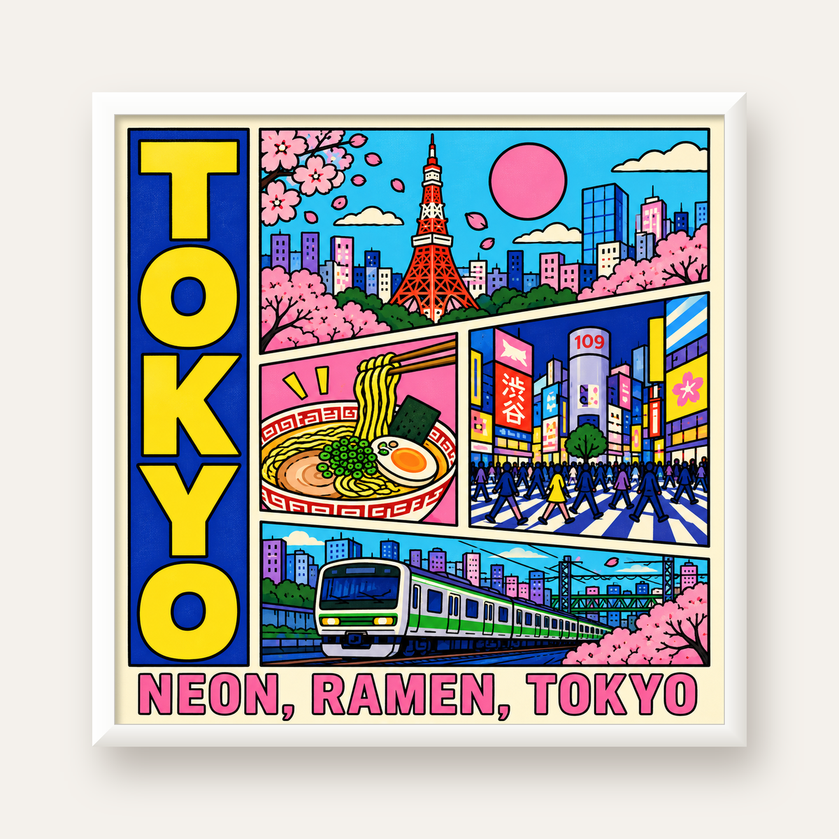 Renkli Tokyo Şehir Manzarası Çizgi Roman Poster — beyaz çerçeveli kare poster