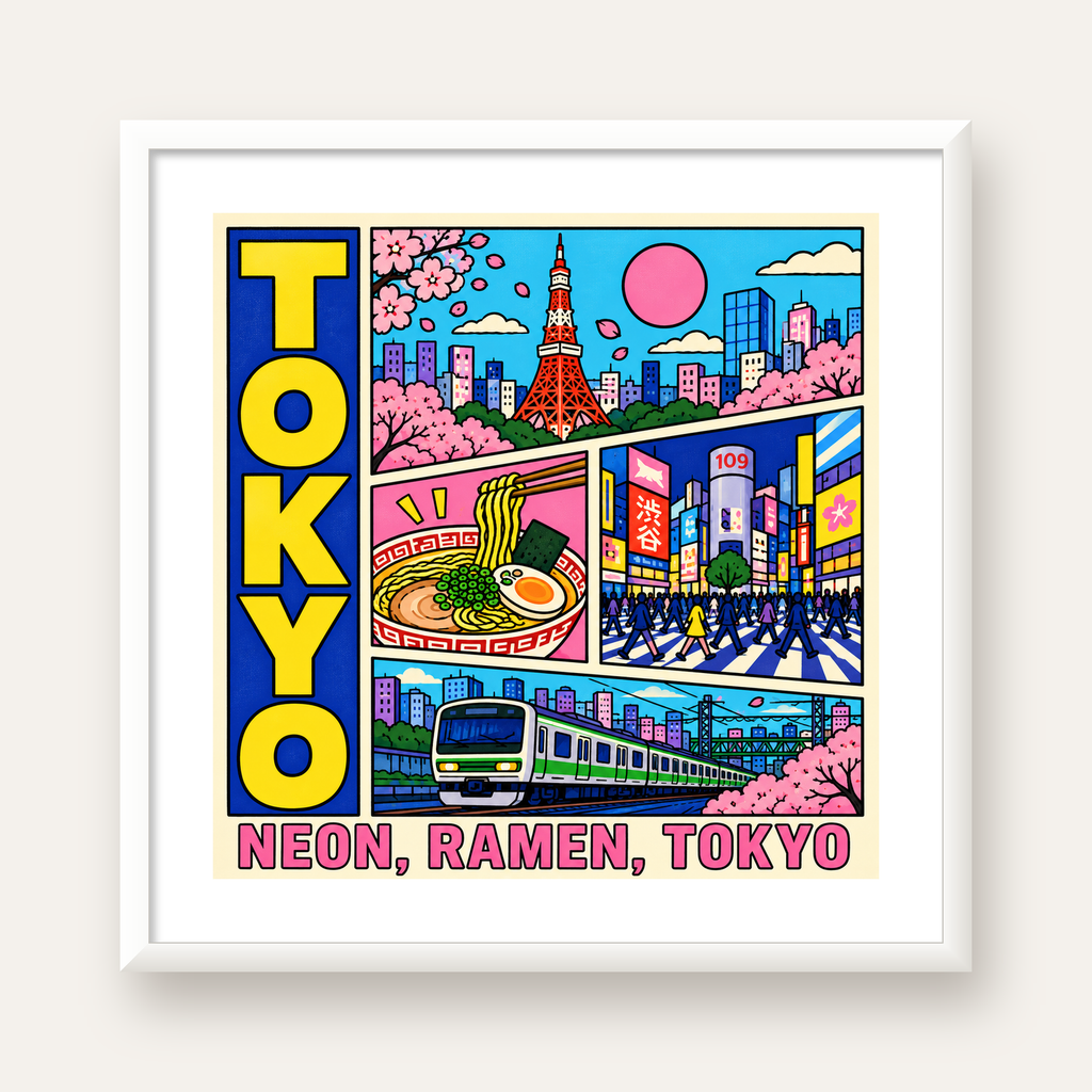 Renkli Tokyo Şehir Manzarası Çizgi Roman Poster — beyaz çerçeveli kare poster