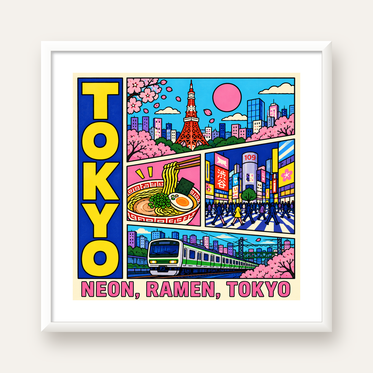 Renkli Tokyo Şehir Manzarası Çizgi Roman Poster — beyaz çerçeveli kare poster