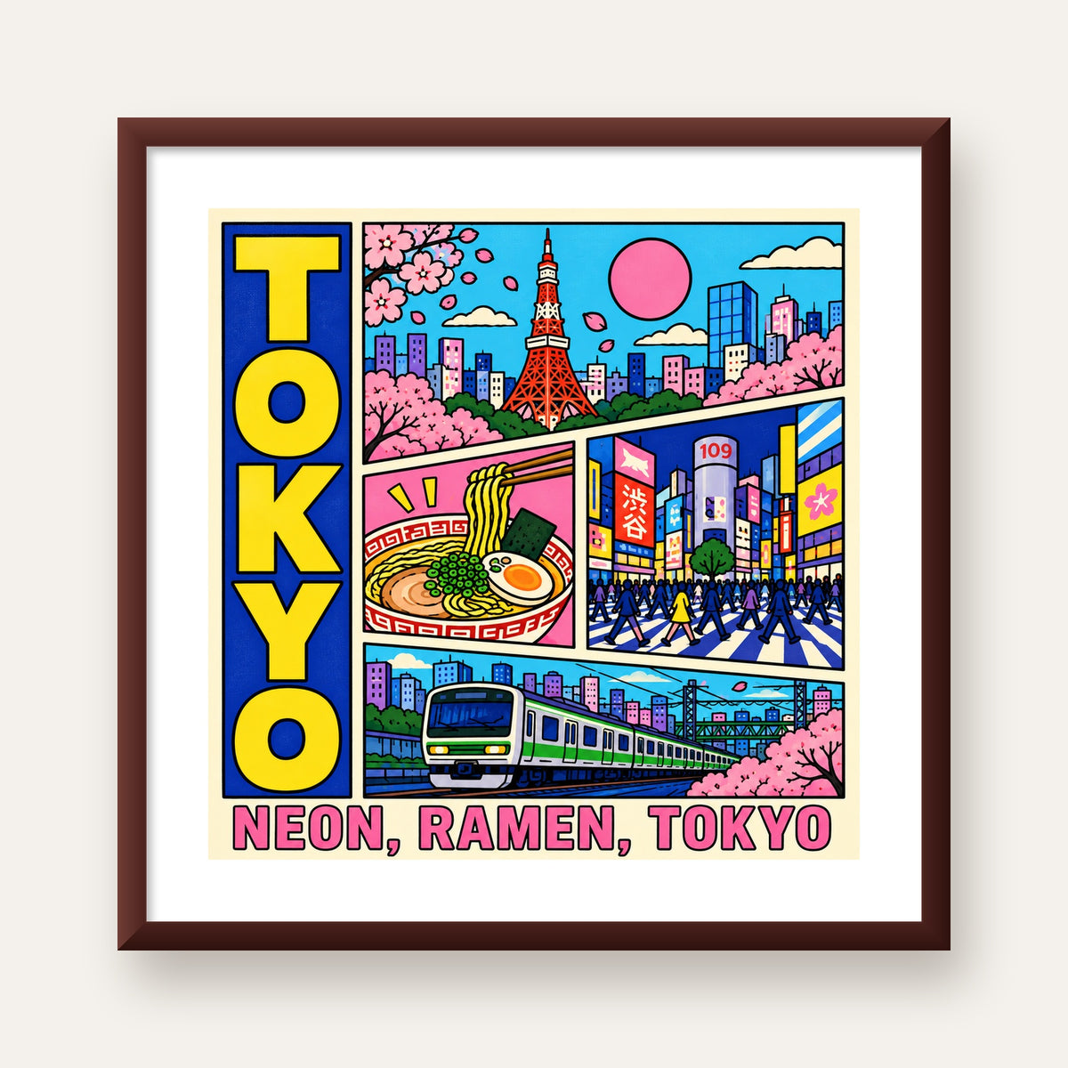 Renkli Tokyo Şehir Manzarası Çizgi Roman Poster — ceviz çerçeveli paspartulu