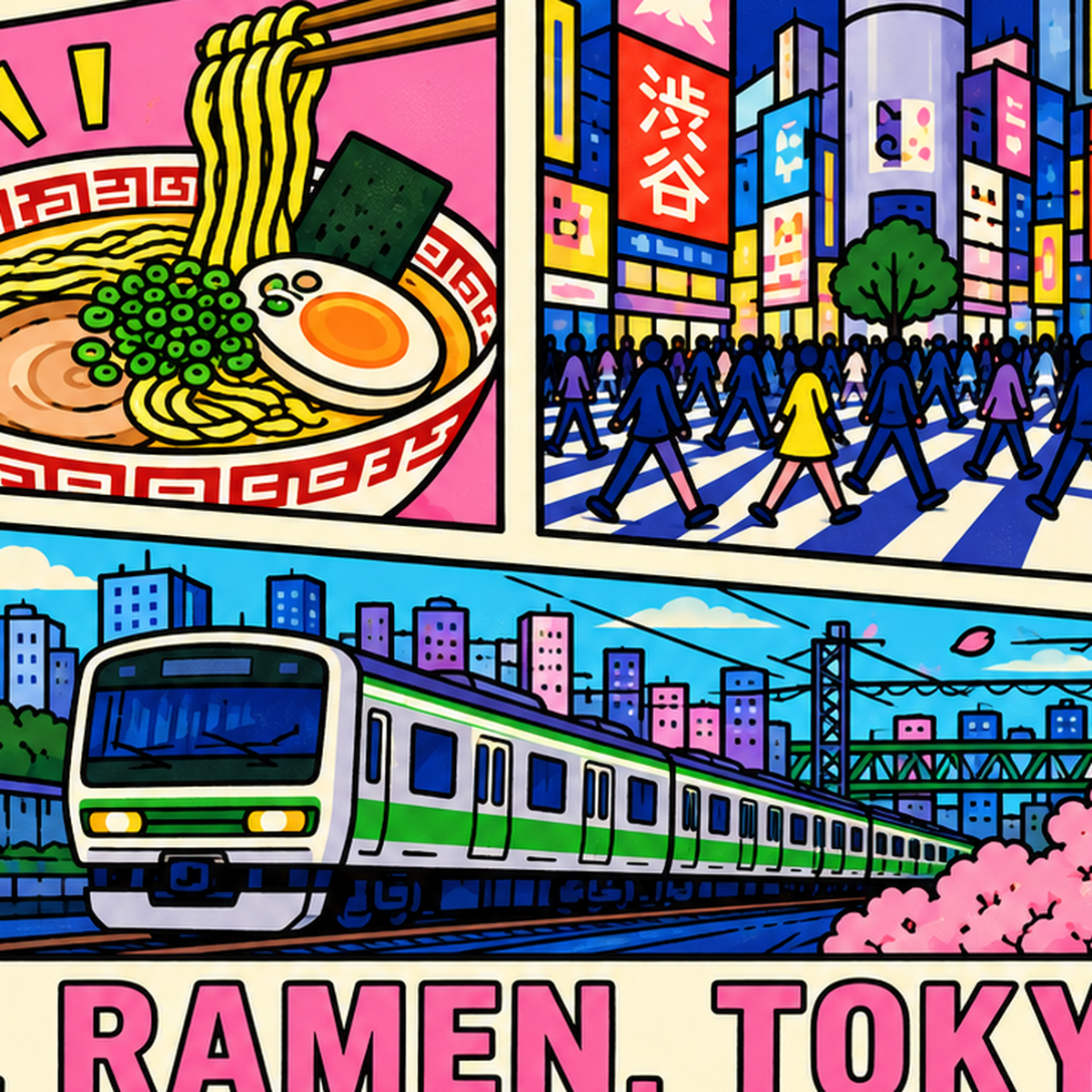 Renkli Tokyo Şehir Manzarası Çizgi Roman Poster — baskının yakın çekimi, kâğıt dokusu ve renk detayı