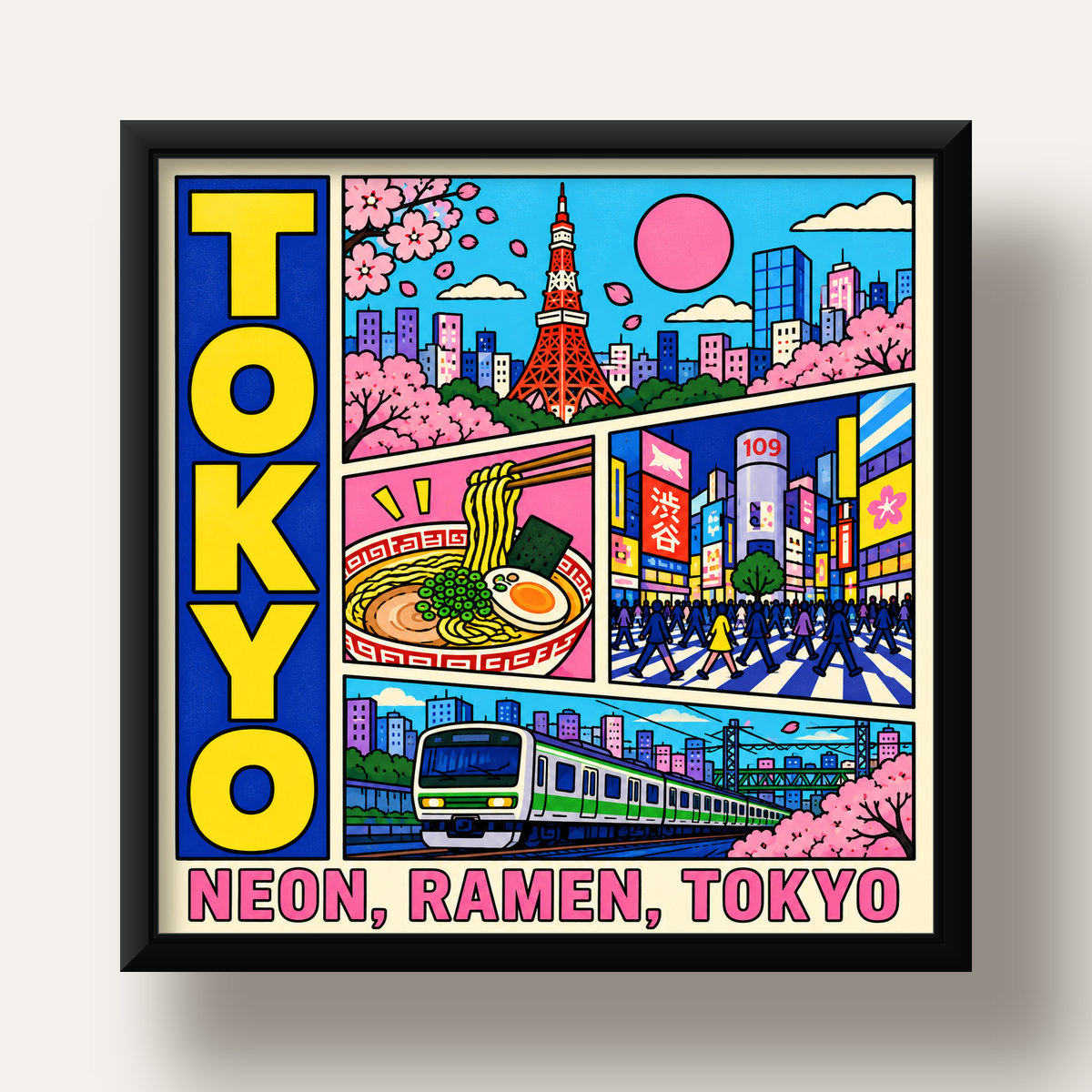 Renkli Tokyo Şehir Manzarası Çizgi Roman Poster — siyah derin çerçeveli