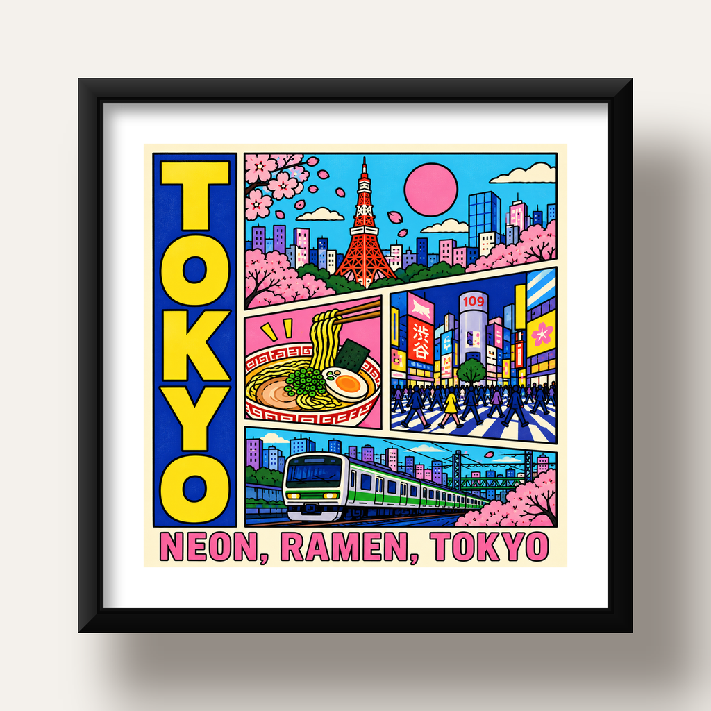 Renkli Tokyo Şehir Manzarası Çizgi Roman Poster — siyah derin çerçeveli paspartulu