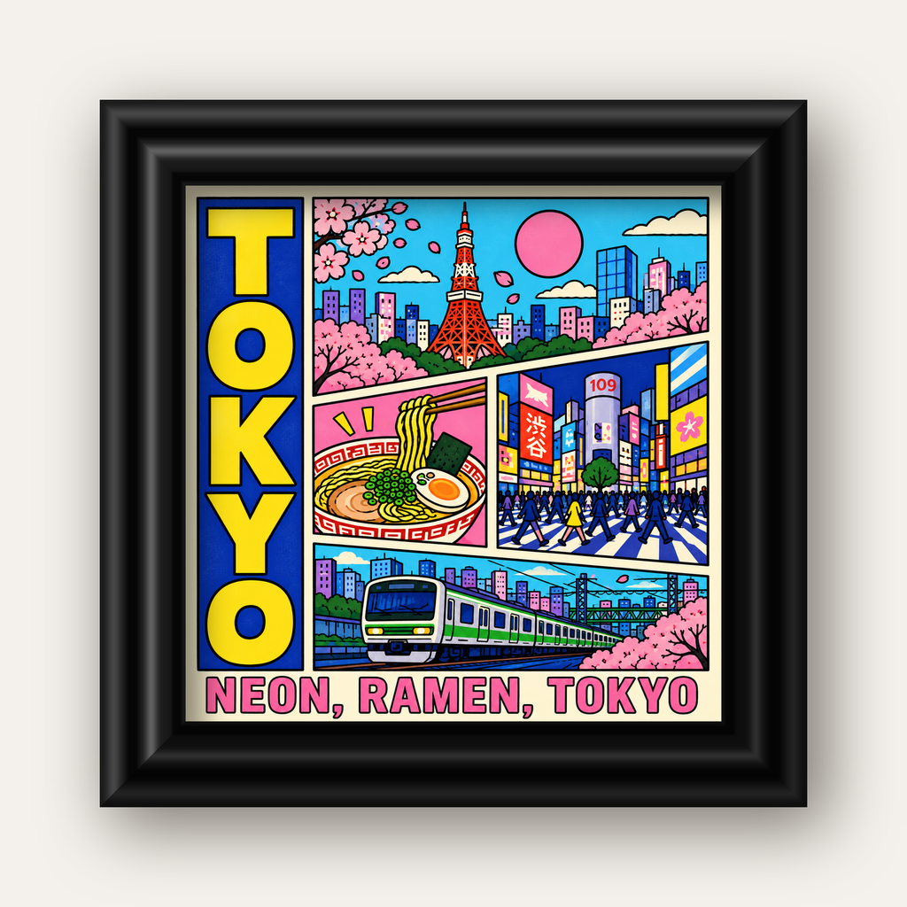 Renkli Tokyo Şehir Manzarası Çizgi Roman Poster — siyah galeri çerçeveli