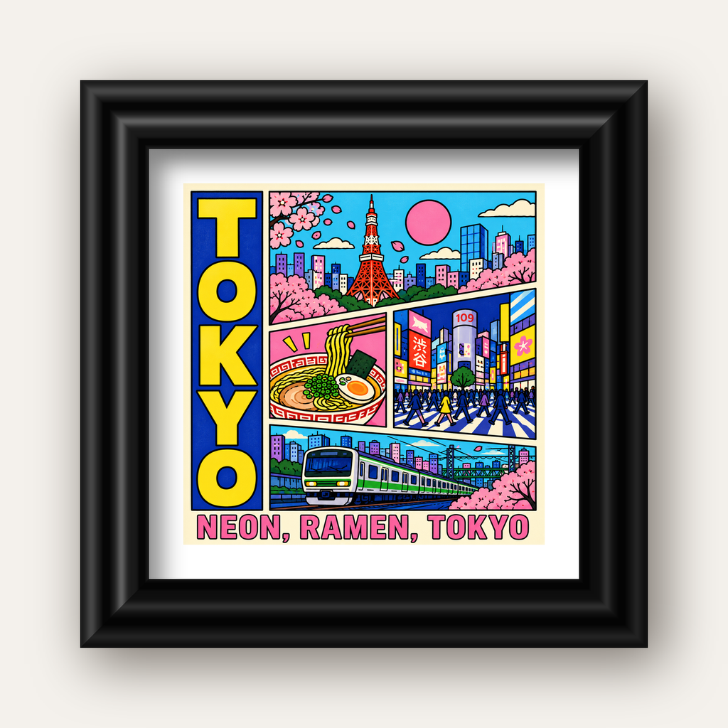 Renkli Tokyo Şehir Manzarası Çizgi Roman Poster — siyah galeri çerçeveli paspartulu