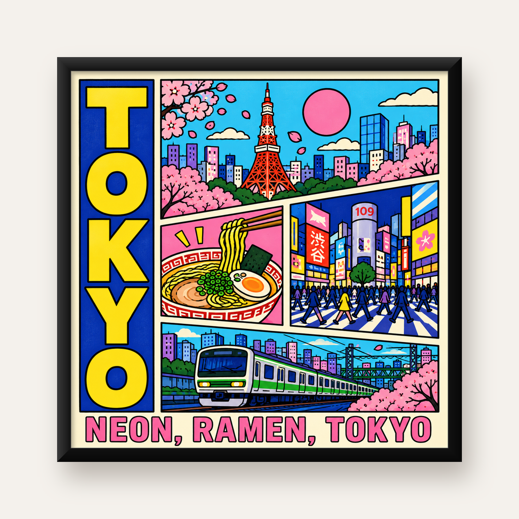 Renkli Tokyo Şehir Manzarası Çizgi Roman Poster — Kare baskı, düz siyah çerçeveli duvar posteri
