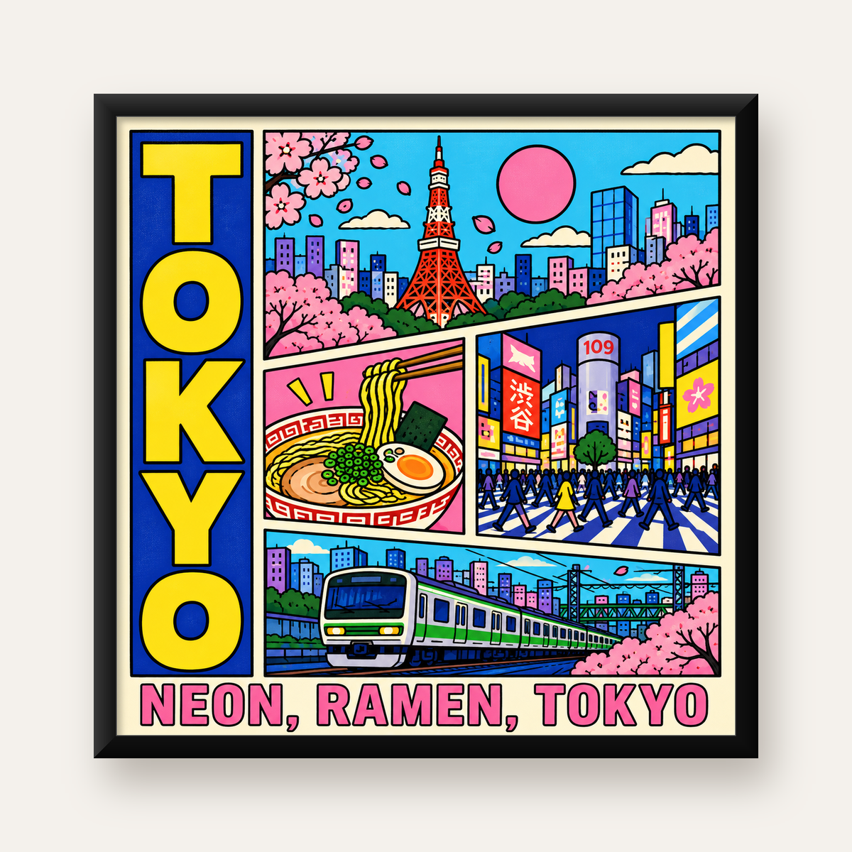 Renkli Tokyo Şehir Manzarası Çizgi Roman Poster — Kare baskı, düz siyah çerçeveli duvar posteri