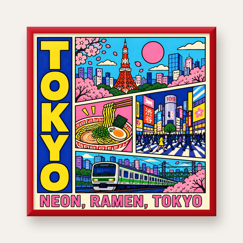Renkli Tokyo Şehir Manzarası Çizgi Roman Poster — kırmızı çerçeveli