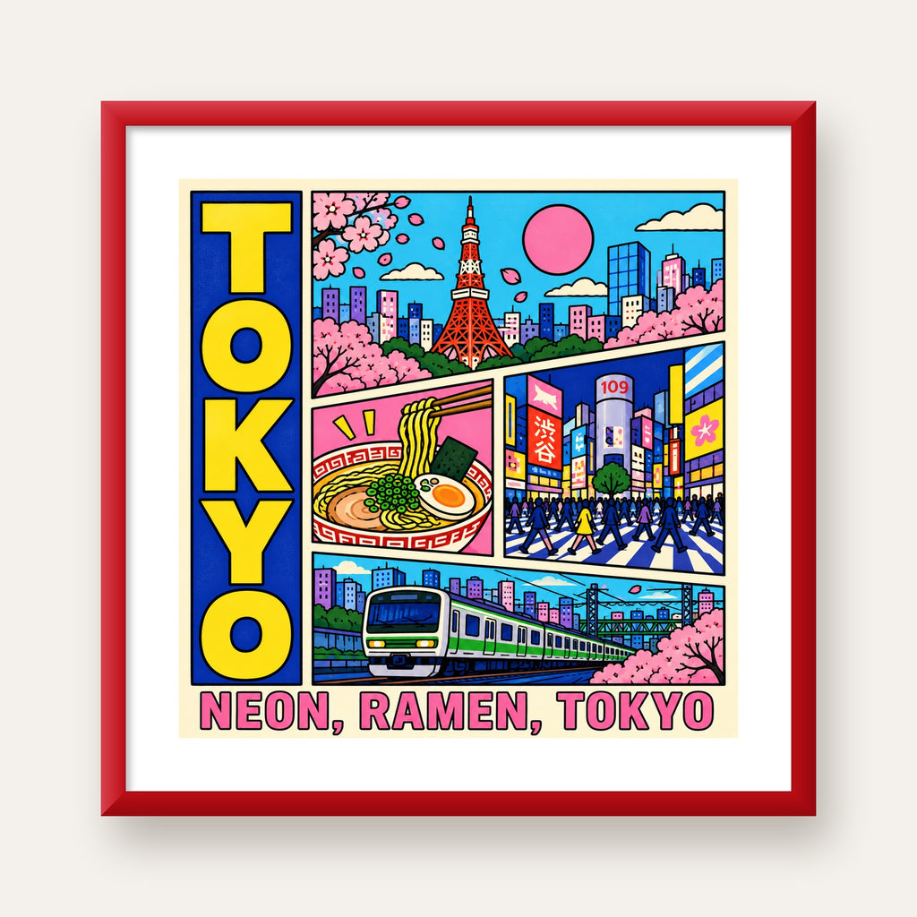 Renkli Tokyo Şehir Manzarası Çizgi Roman Poster — kırmızı çerçeveli paspartulu
