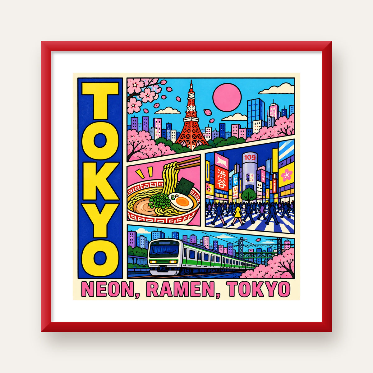 Renkli Tokyo Şehir Manzarası Çizgi Roman Poster — kırmızı çerçeveli paspartulu