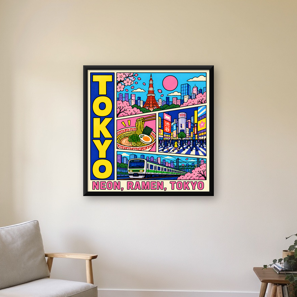 Renkli Tokyo Şehir Manzarası Çizgi Roman Poster — Kare baskı, çerçeveli hâliyle bir ev duvarında