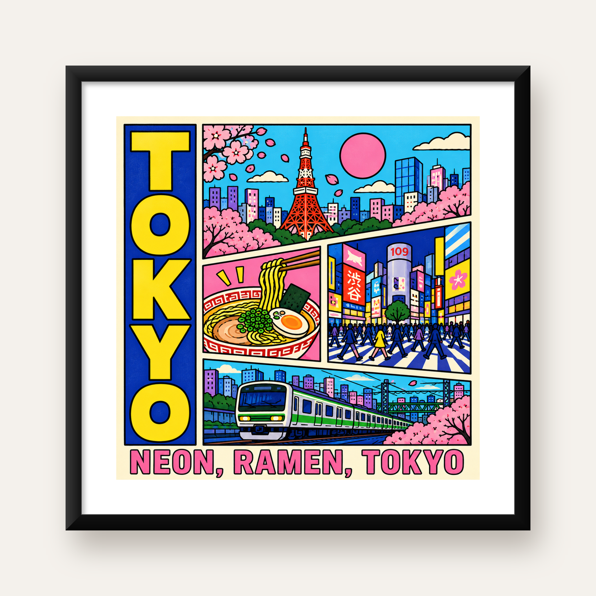 Renkli Tokyo Şehir Manzarası Çizgi Roman Poster — Kare baskı, beyaz paspartulu