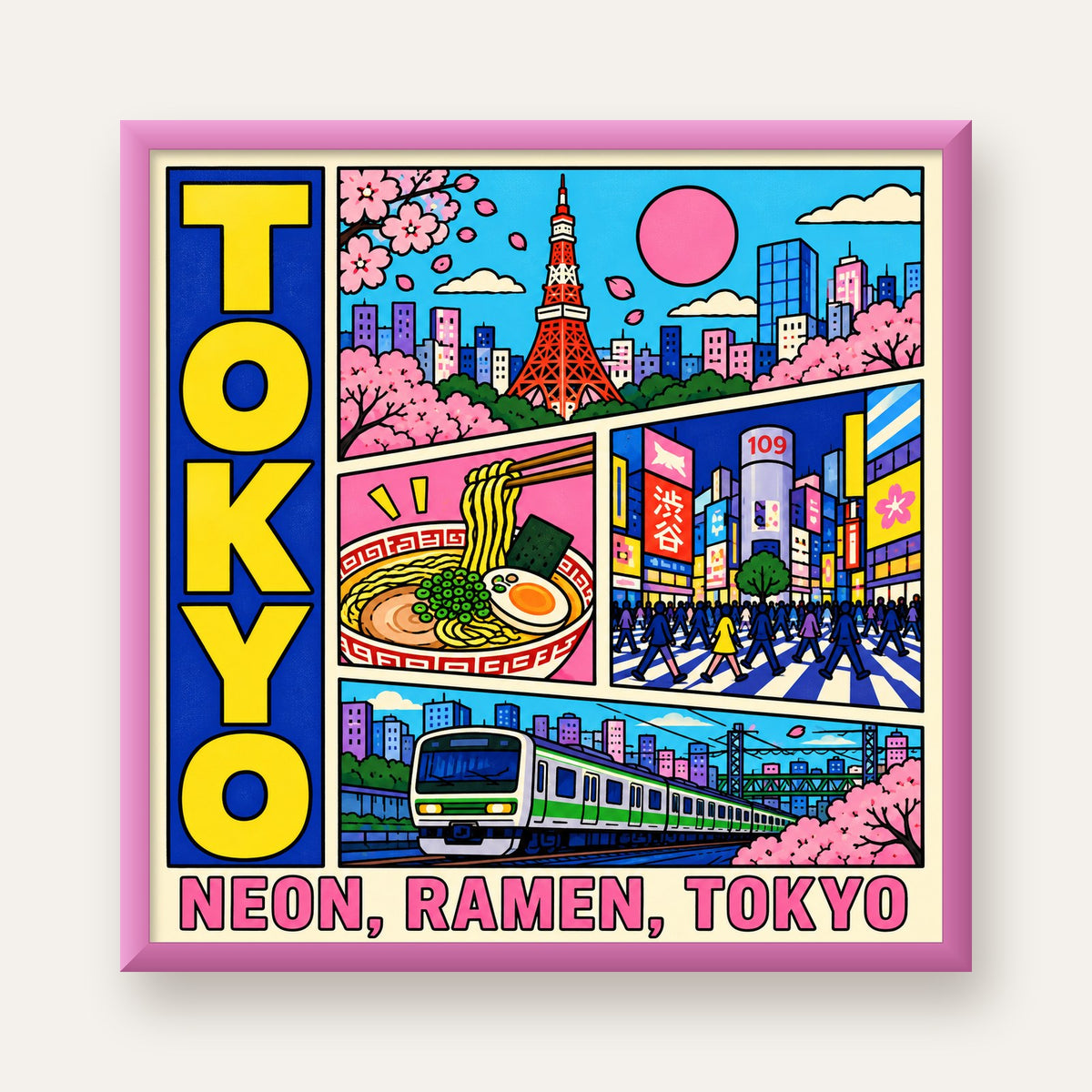 Renkli Tokyo Şehir Manzarası Çizgi Roman Poster — pembe çerçeveli