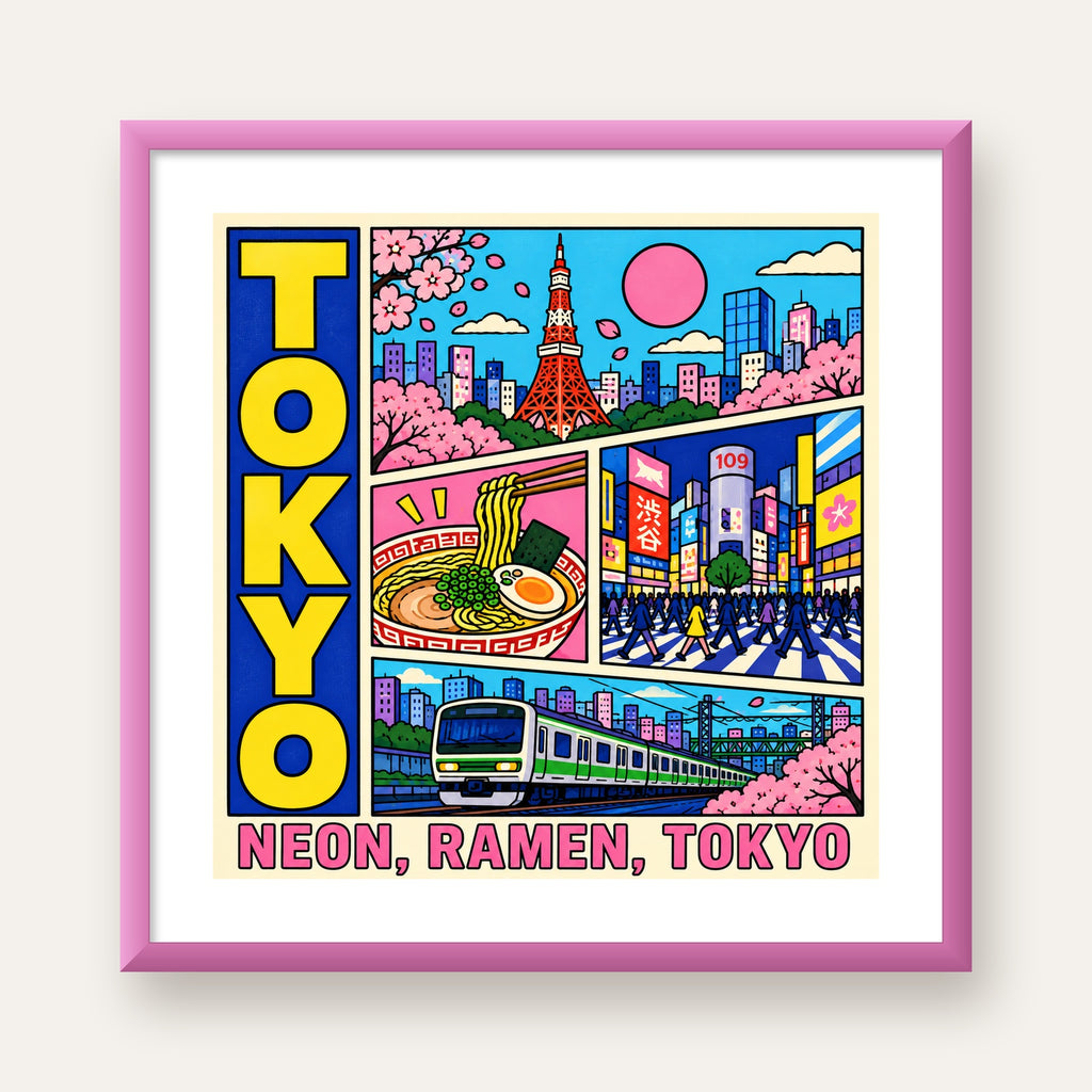 Renkli Tokyo Şehir Manzarası Çizgi Roman Poster — pembe çerçeveli paspartulu