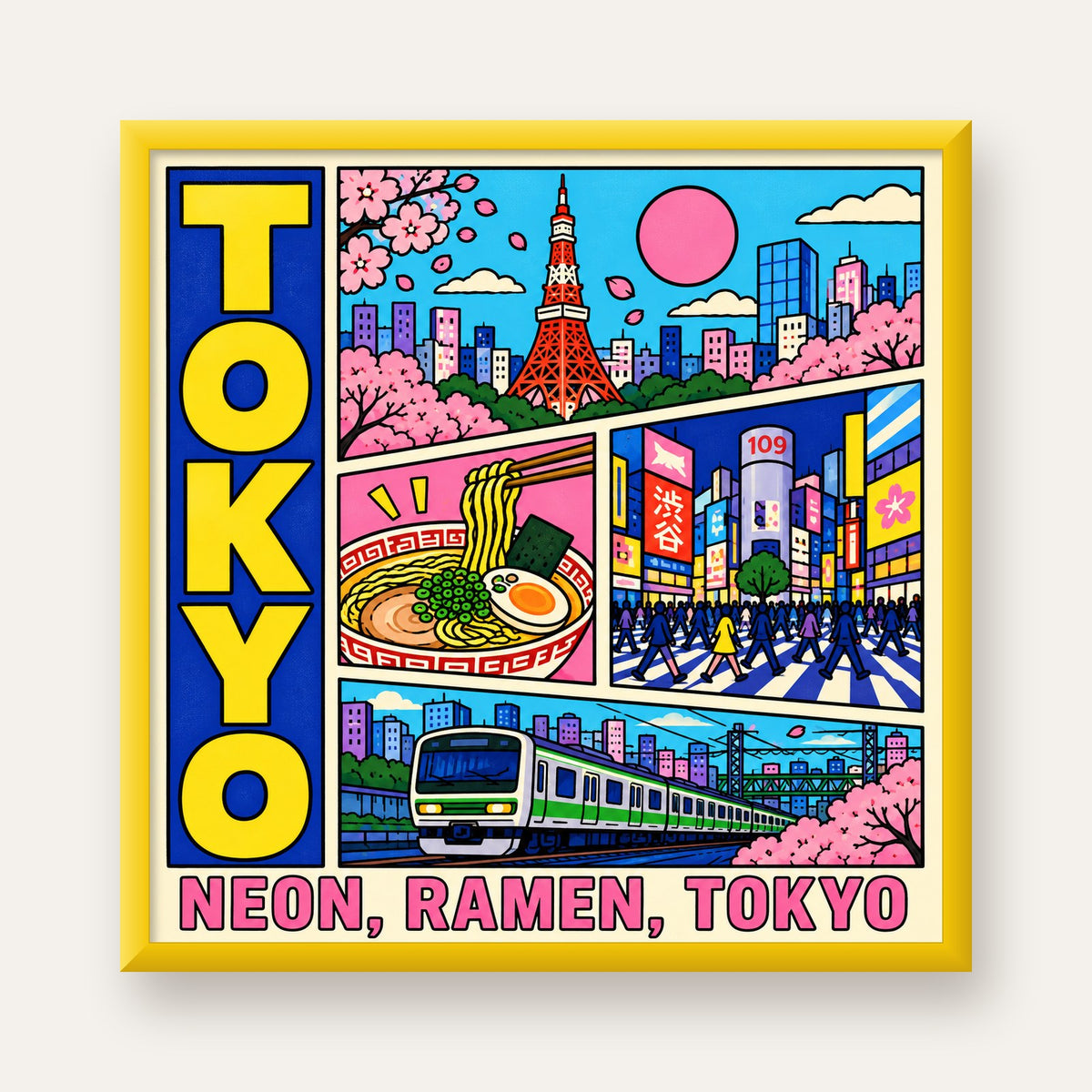Renkli Tokyo Şehir Manzarası Çizgi Roman Poster — sarı çerçeveli