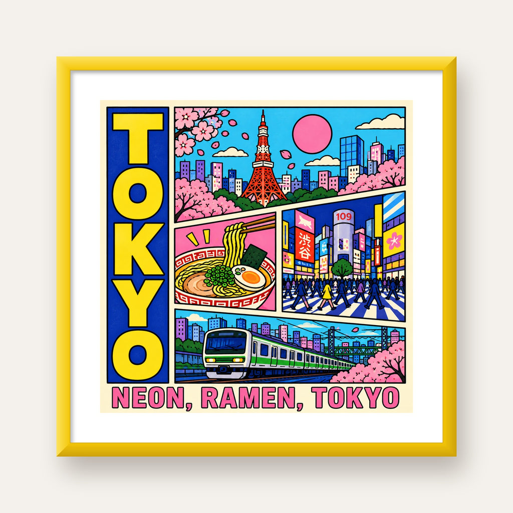 Renkli Tokyo Şehir Manzarası Çizgi Roman Poster — sarı çerçeveli paspartulu