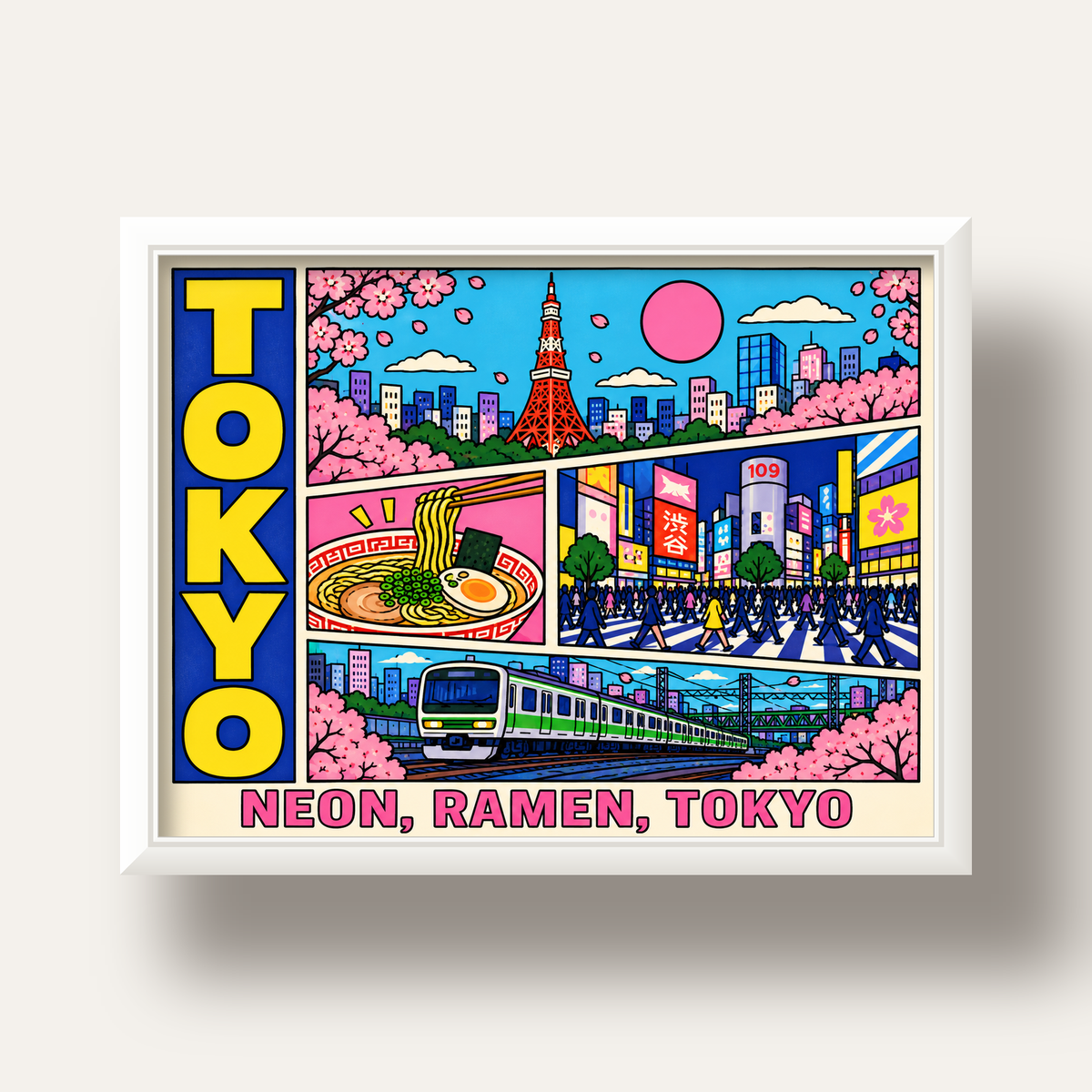 Renkli Tokyo Şehir Manzarası Çizgi Roman Poster — beyaz derin çerçeveli