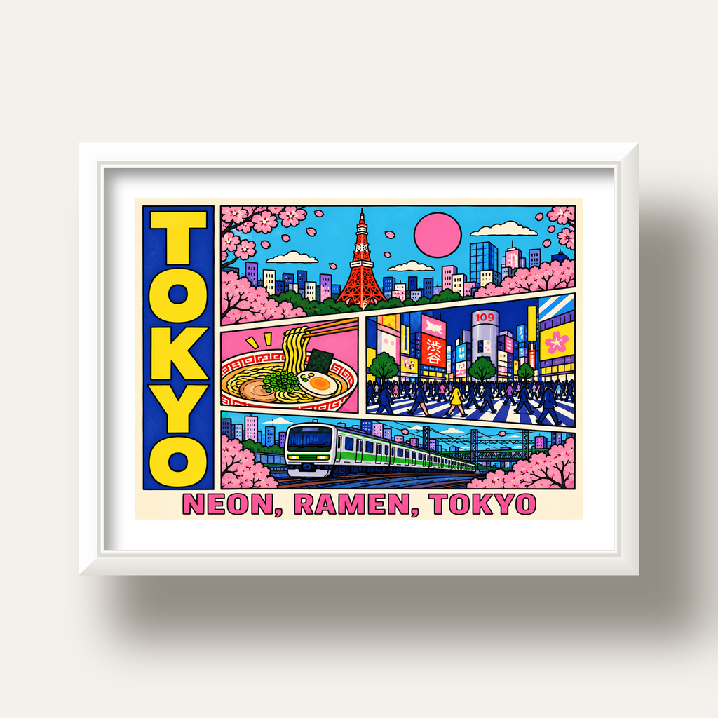 Renkli Tokyo Şehir Manzarası Çizgi Roman Poster — beyaz derin çerçeveli paspartulu