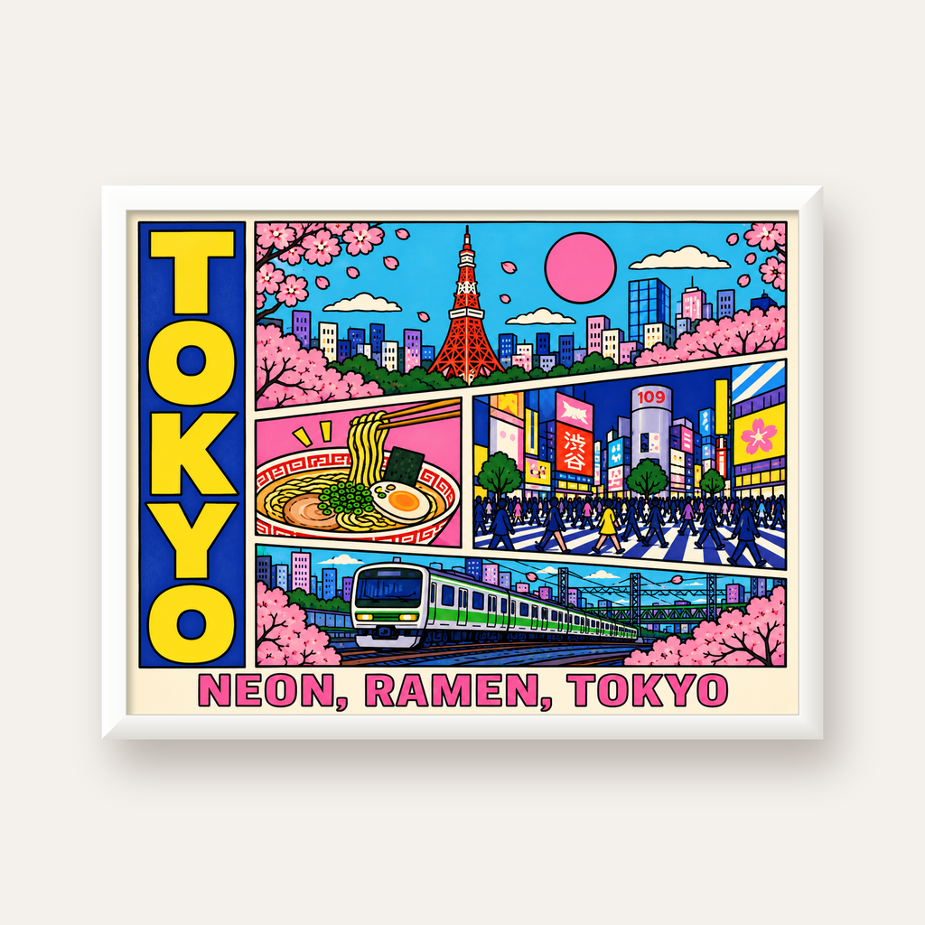 Renkli Tokyo Şehir Manzarası Çizgi Roman Poster — beyaz çerçeveli yatay poster