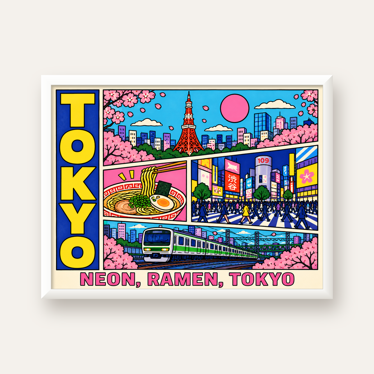 Renkli Tokyo Şehir Manzarası Çizgi Roman Poster — beyaz çerçeveli yatay poster