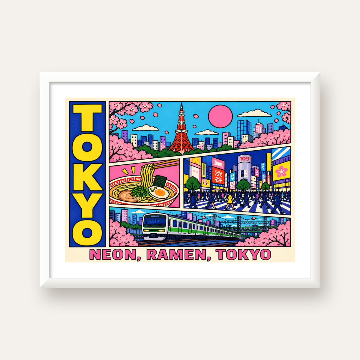 Renkli Tokyo Şehir Manzarası Çizgi Roman Poster — beyaz çerçeveli yatay poster