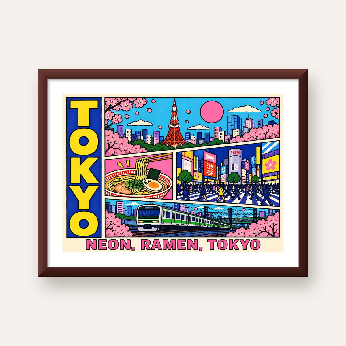 Renkli Tokyo Şehir Manzarası Çizgi Roman Poster — ceviz çerçeveli paspartulu