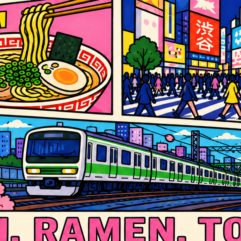 Renkli Tokyo Şehir Manzarası Çizgi Roman Poster — baskının yakın çekimi, kâğıt dokusu ve renk detayı