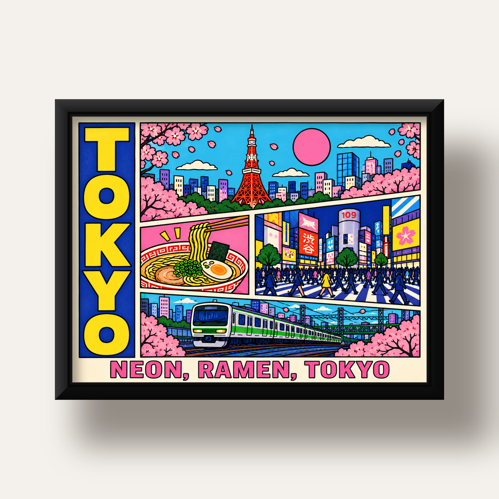 Renkli Tokyo Şehir Manzarası Çizgi Roman Poster — siyah derin çerçeveli
