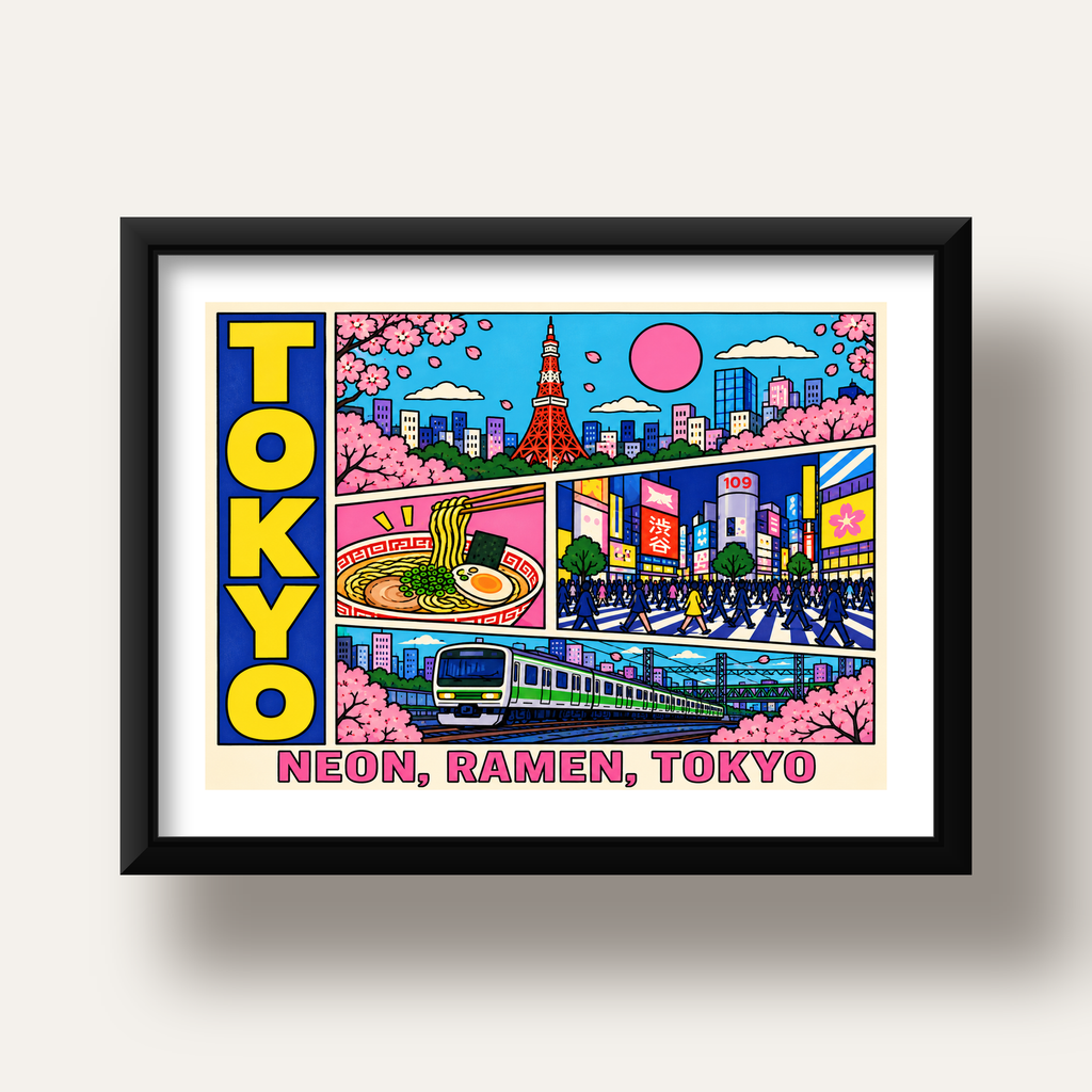 Renkli Tokyo Şehir Manzarası Çizgi Roman Poster — siyah derin çerçeveli paspartulu