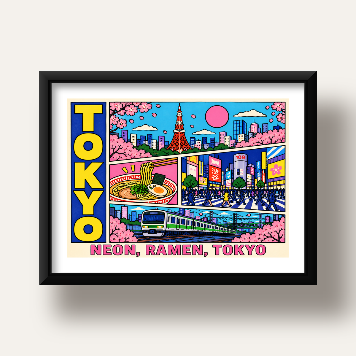 Renkli Tokyo Şehir Manzarası Çizgi Roman Poster — siyah derin çerçeveli paspartulu