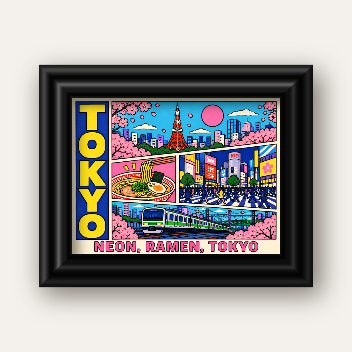 Renkli Tokyo Şehir Manzarası Çizgi Roman Poster — siyah galeri çerçeveli