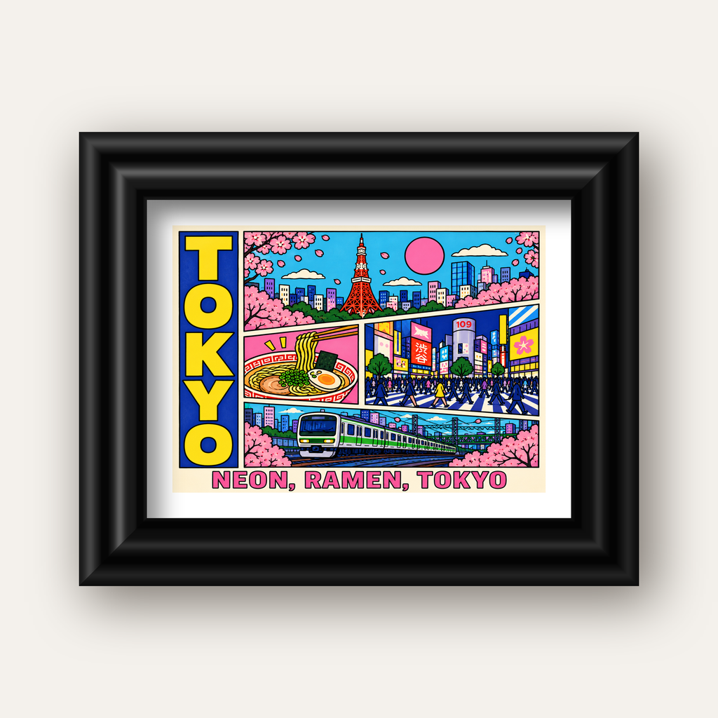 Renkli Tokyo Şehir Manzarası Çizgi Roman Poster — siyah galeri çerçeveli paspartulu