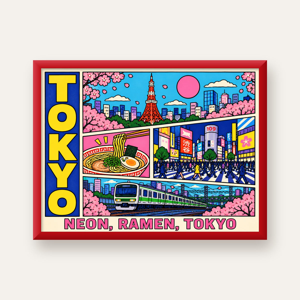 Renkli Tokyo Şehir Manzarası Çizgi Roman Poster — kırmızı çerçeveli