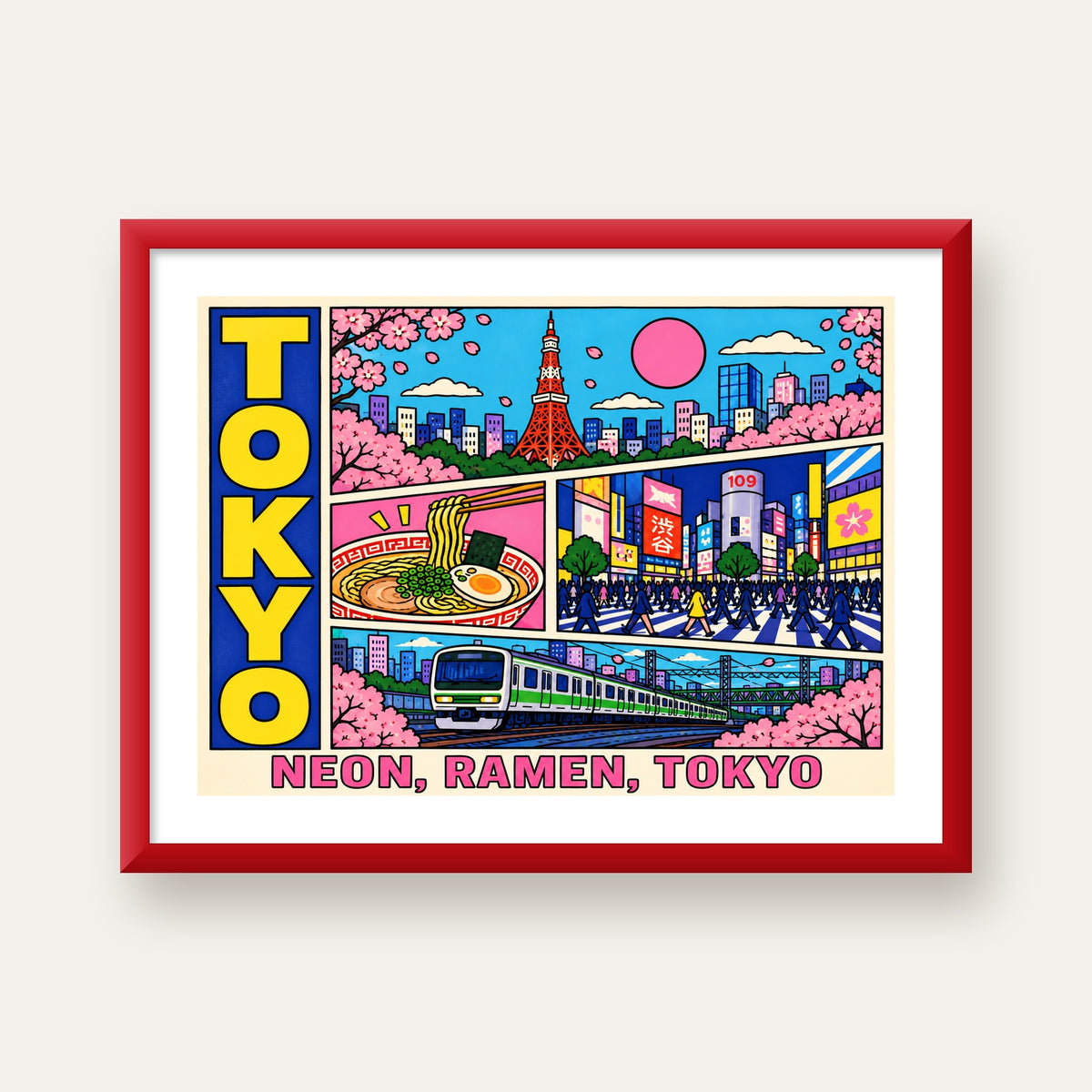 Renkli Tokyo Şehir Manzarası Çizgi Roman Poster — kırmızı çerçeveli paspartulu